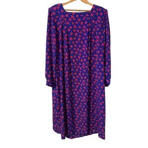 Womens Vintage Long Sleeve House Dress Lady Lewis Zipper Back Blue Red Floral XL